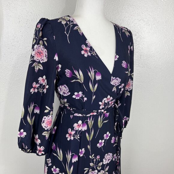 Eliza J Dress Women 4 Blue Purple Floral 3/4 Sleeve Fit Flare Surplice Casual - Picture 13 of 16